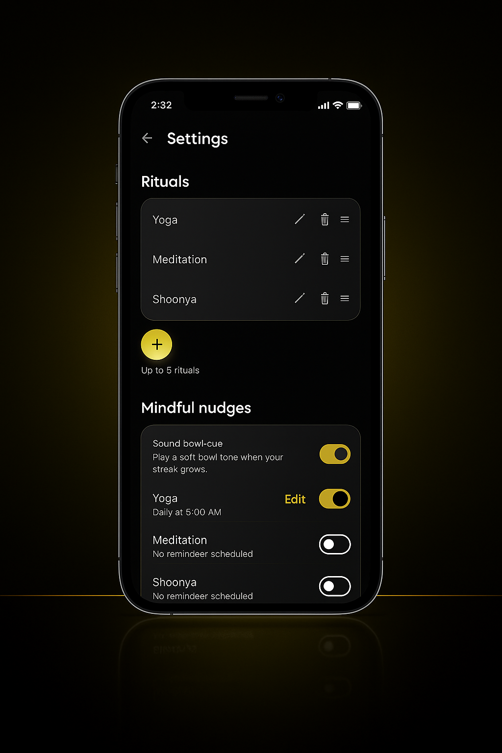 Nivati Android app screenshot with the one-tap ritual card and streak heatmap.